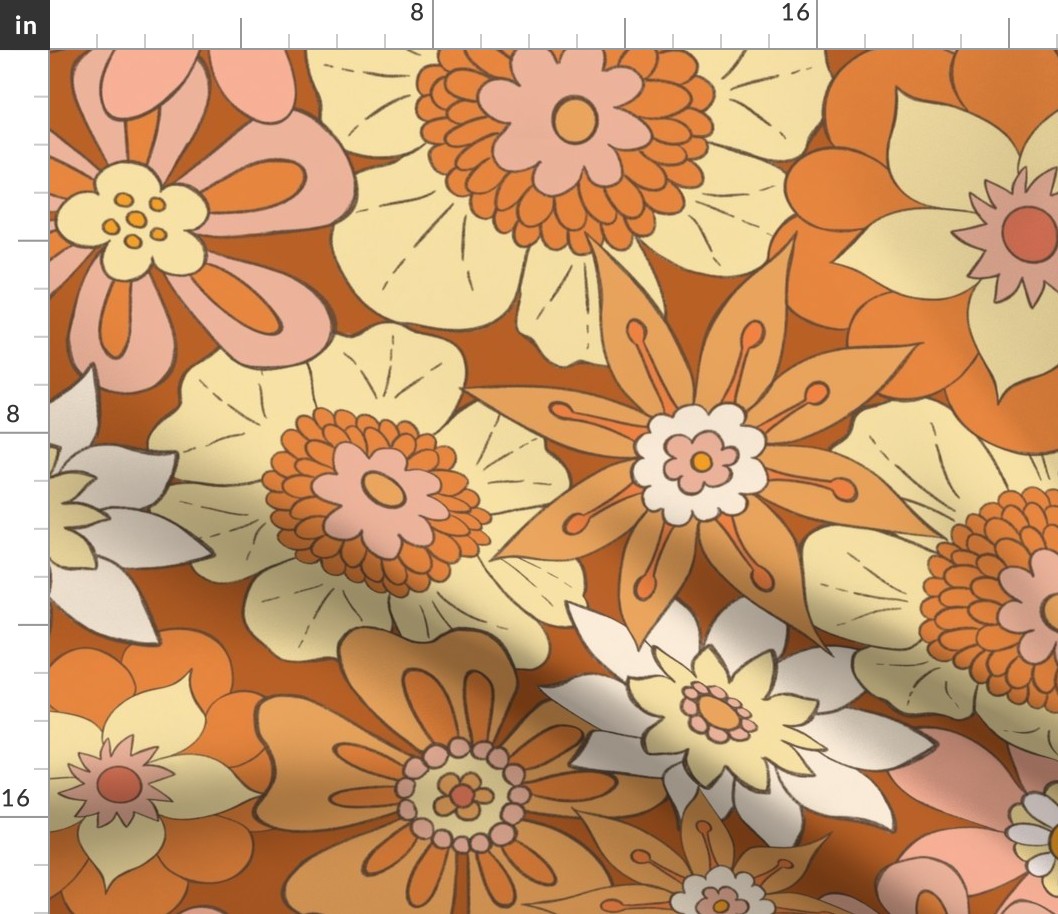 Retro Mod Flowers - Large Scale - Dark Orange Background Groovy Hippy Hippies 60s 70s