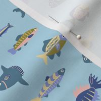 Small fish collection on turquoise background