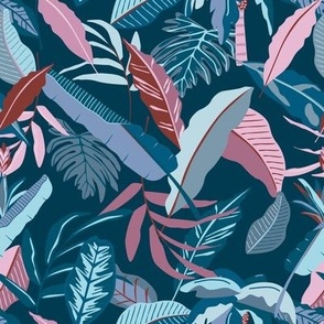 Navy blue tropical leaves - moody tropical pattern - night jungle