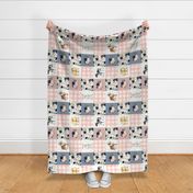 Farm cheater quilt 6 inch squares, navy blush florals, cows, ponies, chicks, lamb, gingham