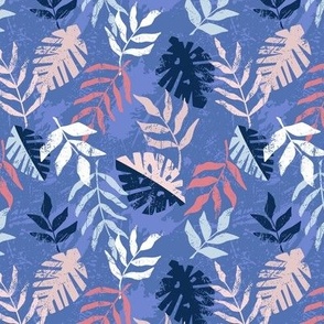 Jungle textured leaves - blue and pink - small scale
