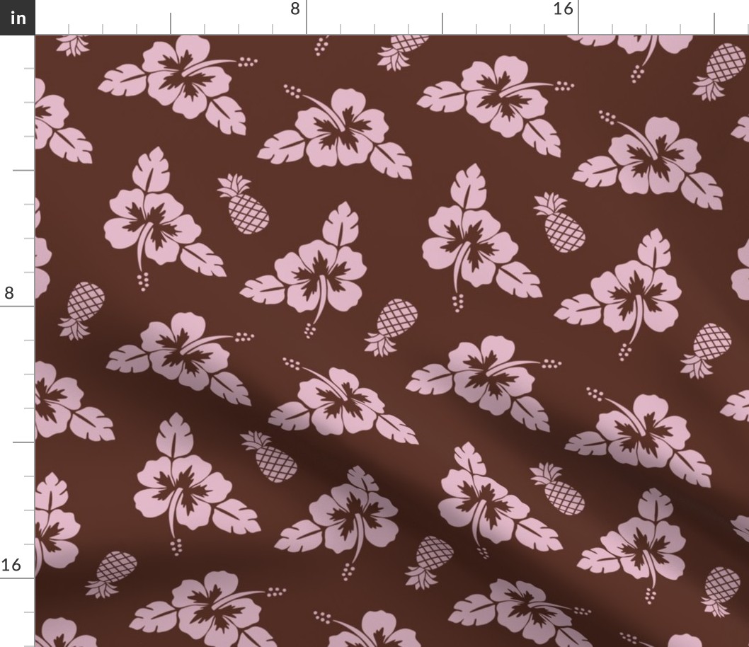 Pink and brown hibiscus and pineapple pattern - small scale