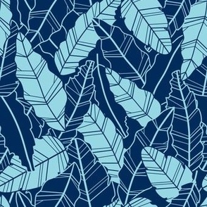 Overlapping leaves in tones of blue - line artwork dense foliage pattern
