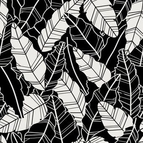 Overlapping black and white leaves - line artwork dense foliage pattern