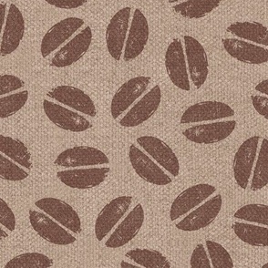 Block Print Coffee Beans in Espresso (xl scale) | Block printed breakfast pattern, dark brown on taupe burlap, beige coffee sack cloth, jute, sisal, hessian, dark roast coffee fabric, kitchen fabric, neutrals.