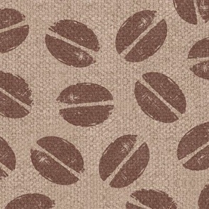 Block Print Coffee Beans in Espresso (xxl scale) | Block printed breakfast pattern, dark brown on taupe burlap, beige coffee sack cloth, jute, sisal, hessian, dark roast coffee fabric, kitchen fabric, neutrals.