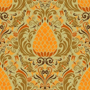 70s Damask Greens Orange Yellow