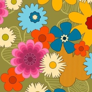 70's Fab Floral -  Avocado, Large Scale