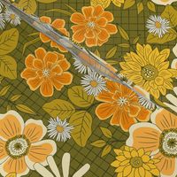 Large Seventies Retro Hippy Floral on Green Background