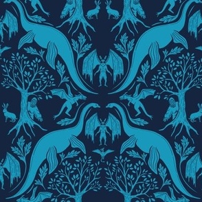 Small-Scale Turquoise & Navy Blue Cryptozoology/Cryptid Damask