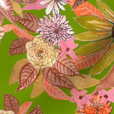 Autumn Burnt Sienna and Pink Floral // Apple Green