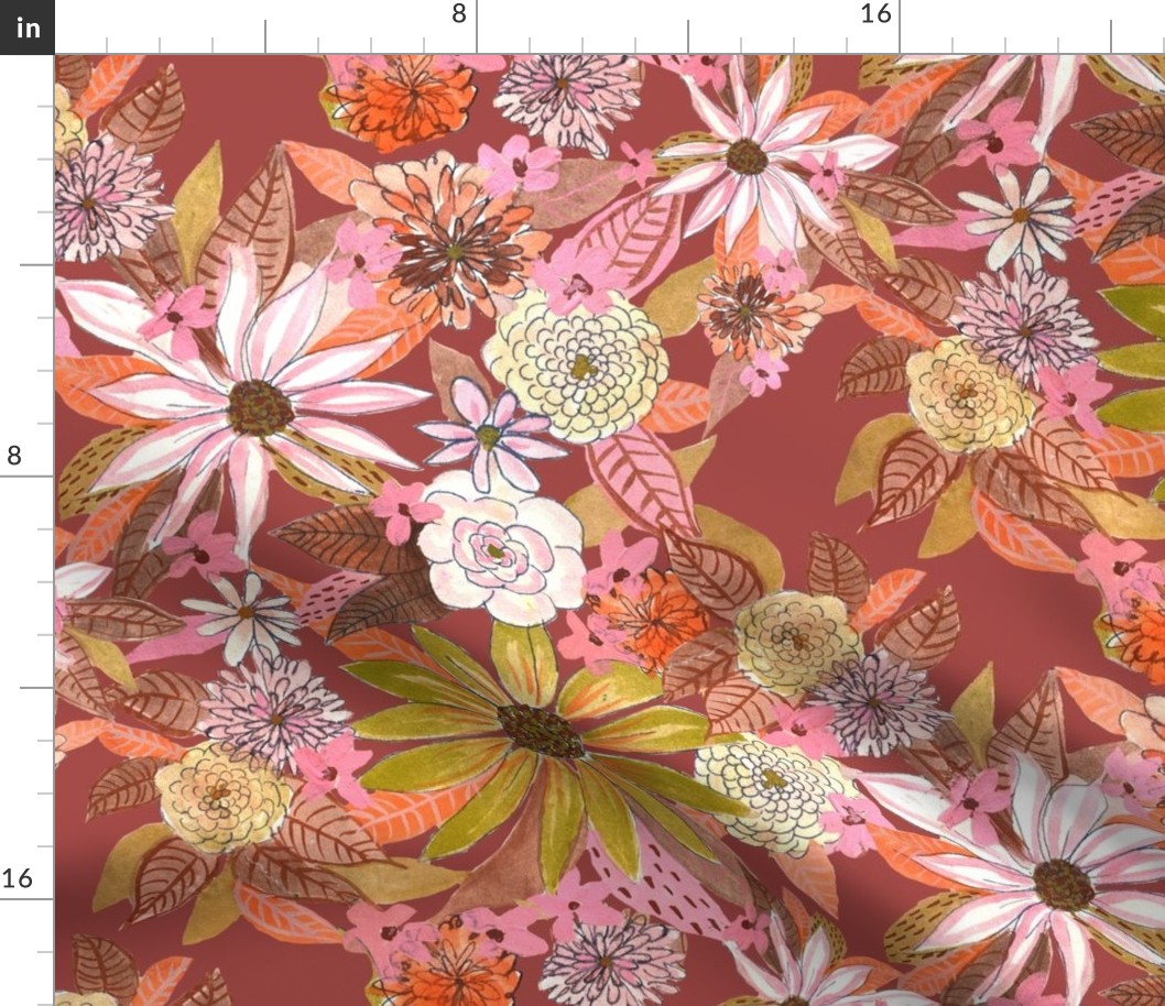 Autumn Burnt Sienna and Pink Floral // Boho Rust