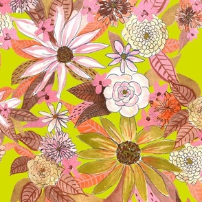 Autumn Burnt Sienna and Pink Floral // Chartreuse 