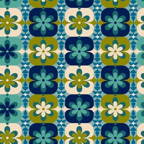 Medium // Groovy Blossoms: Retro 1970s Checkered Flowers - Blue & Green