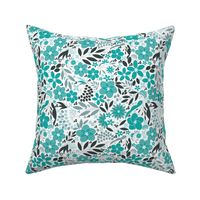 Boho Flowers - Large Scale - teal green monochrome