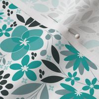 Boho Flowers - Large Scale - teal green monochrome