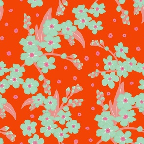 Retro Forget-me-not Floral Pattern on Red | Medium Scale