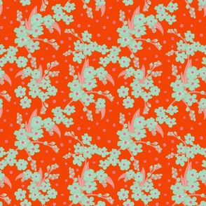 Retro Forget-me-not Floral Pattern on Red | Small Scale