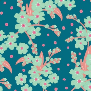 Retro Forget-me-not Flower on Jade Blue | Large Scale