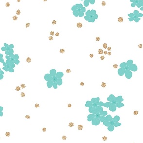 Teal Gold Forget-me-not Floral Pattern | Large Scale