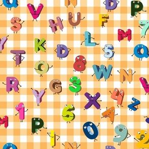 292. Cheerful alphabet on orange checkers 