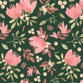Pink Floral Watercolor on Forest Green - large