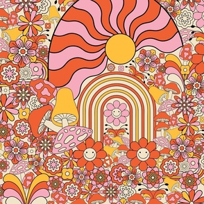 Psychedelic Groovy 70s Sun Rise Mushrooms Flower Power