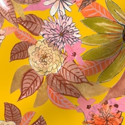 Autumn Burnt Sienna and Pink Floral // Golden Yellow