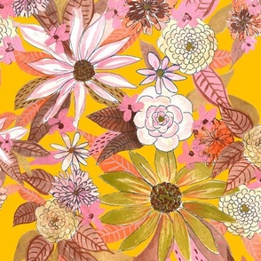 Autumn Burnt Sienna and Pink Floral // Golden Yellow