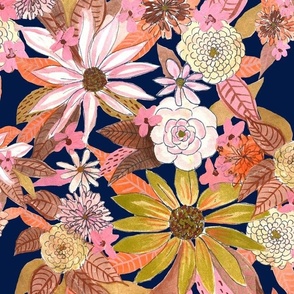 Autumn Burnt Sienna and Pink Floral // Navy