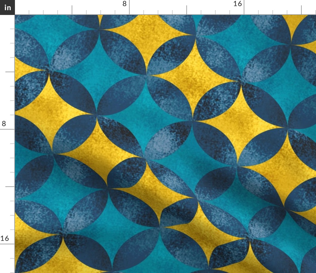 Batik Petals in Yellow Steel Blue and Turquoise 