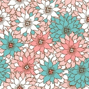 Hand Drawn Flowers In July - Pink And Turquoise.