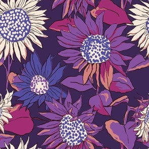 70s retro sunflowers fabric purple