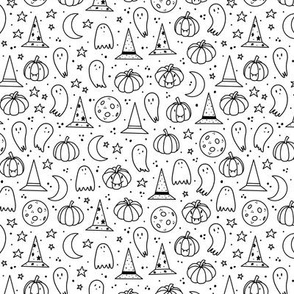 Small - Black and White Cute Halloween Line Drawing Pattern for Kids