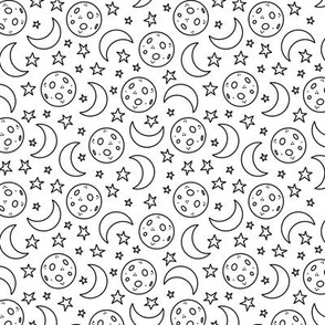 Small - Black and White Hand Drawn Line Moon and Stars Pattern