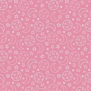Small - Pink Hand Drawn Line Moon and Stars Pattern