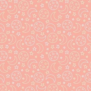 Small - Pastel Orange Hand Drawn Line Moon and Stars Pattern