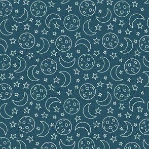 Small - Blue Hand Drawn Line Moon and Stars Pattern