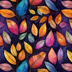 BEAUTIFUL COLORFUL AUTUMN LEAVES 6 ON INDIGO BLUE STARRY SKY FLWRHT