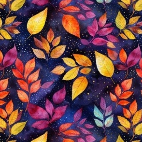 BEAUTIFUL COLORFUL AUTUMN LEAVES 1 ON INDIGO BLUE STARRY SKY FLWRHT