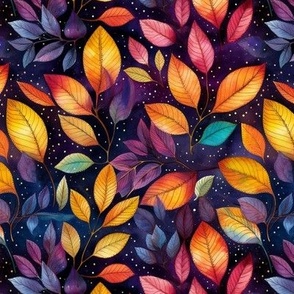 BEAUTIFUL COLORFUL AUTUMN LEAVES 3 ON INDIGO BLUE STARRY SKY FLWRHT