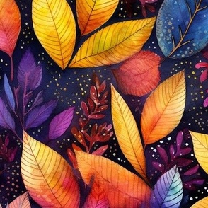 LARGE BEAUTIFUL COLORFUL AUTUMN LEAVES 5 ON INDIGO BLUE STARRY SKY FLWRHT