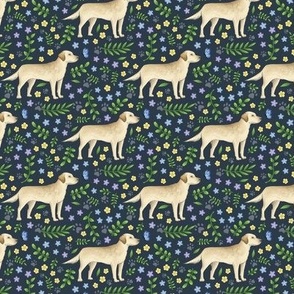 Floral Labrador Dogs on dark navy grey - medium scale