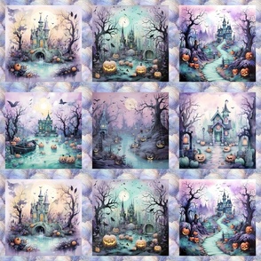 SMALL 6"x6" checkerboard Panel six halloween landscape purple aqua FLWRHT