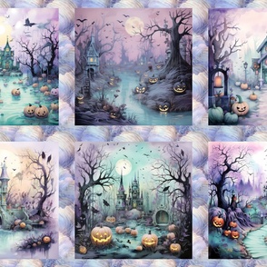 LARGE 18"x18" checkerboard Panel six halloween landscape purple aqua FLWRHT