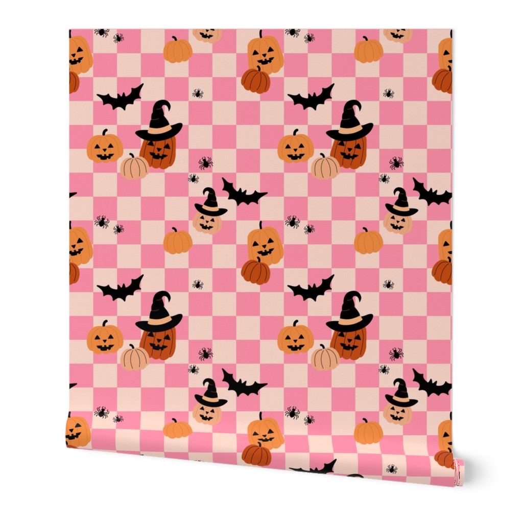 Halloween pumpkins and witches hats bats and spiders on classic checkerboard pink blush orange