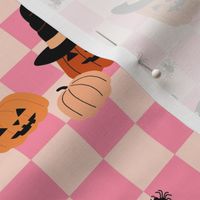 Halloween pumpkins and witches hats bats and spiders on classic checkerboard pink blush orange