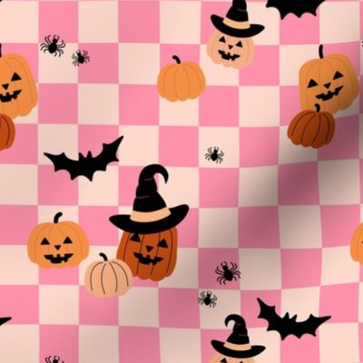 Halloween pumpkins and witches hats bats and spiders on classic checkerboard pink blush orange