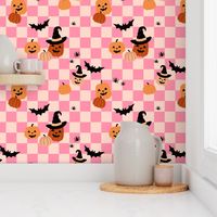 Halloween pumpkins and witches hats bats and spiders on classic checkerboard pink blush orange