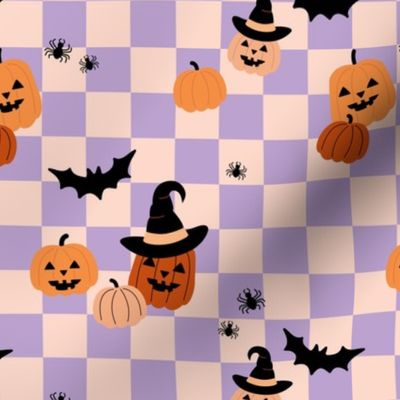 Halloween pumpkins and witches hats bats and spiders on classic checkerboard lilac blush orange peach